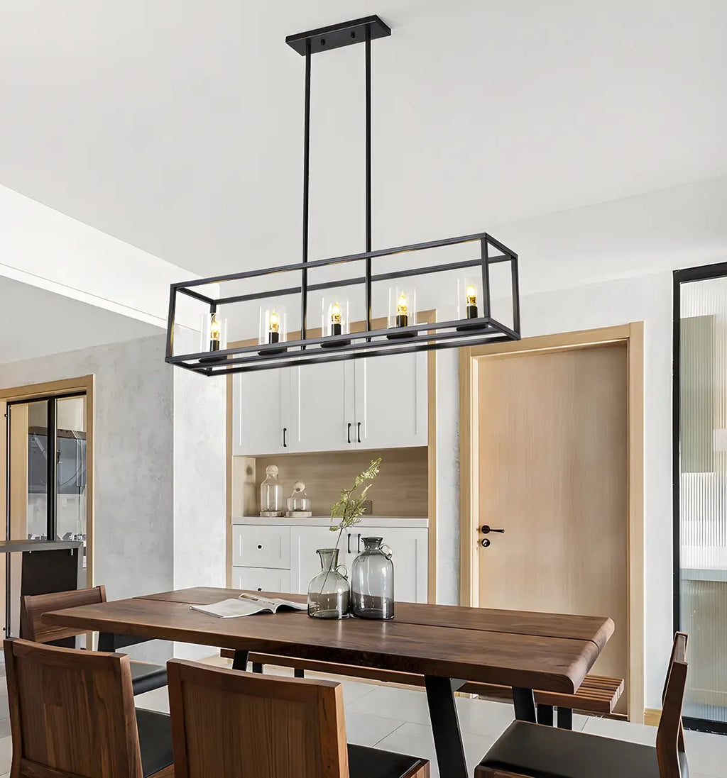 5-Light Industrial Black Glass Island Pendant Light for Kitchen