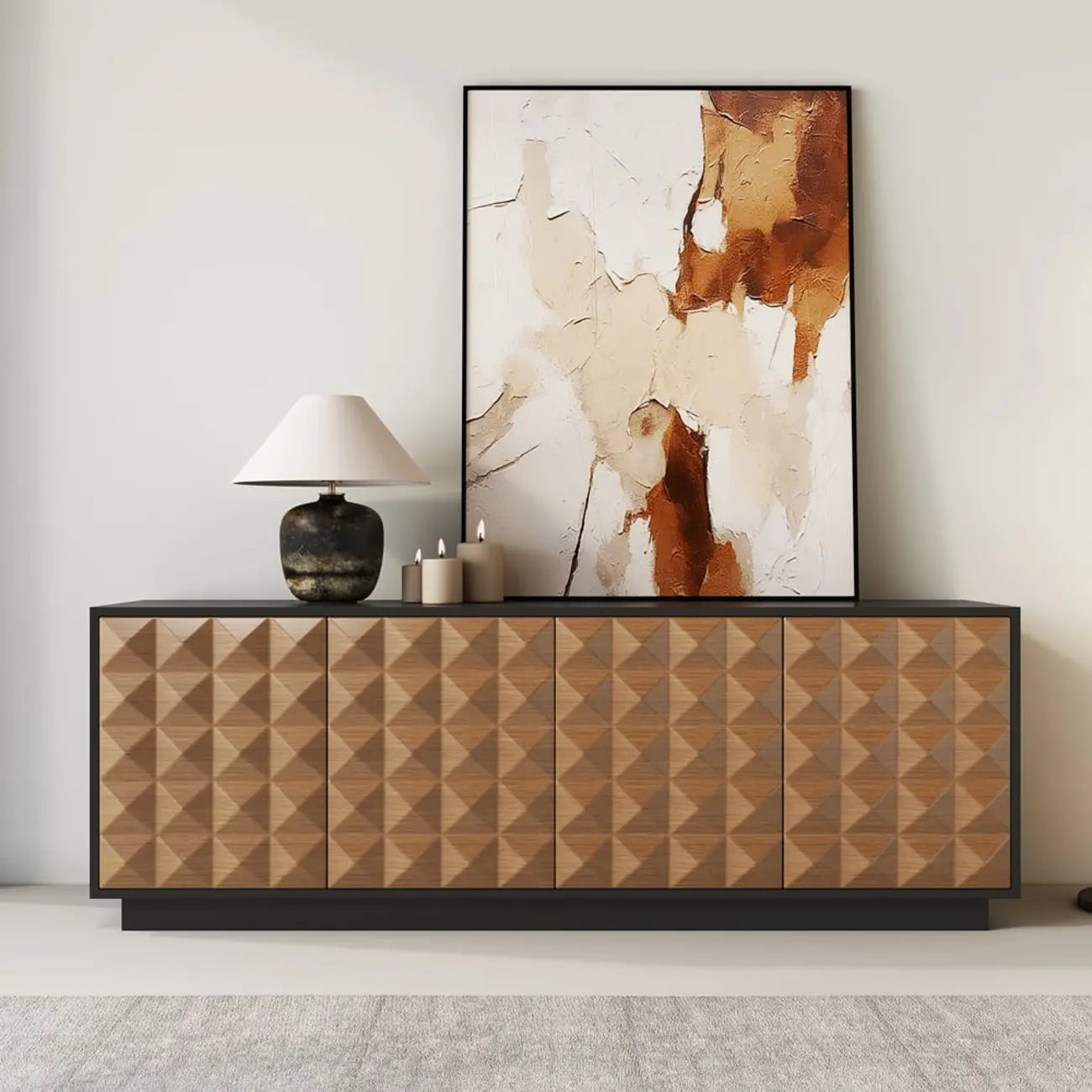 Black & Natural Wooden Fluted Doors TV Stand for 75 Inch TV