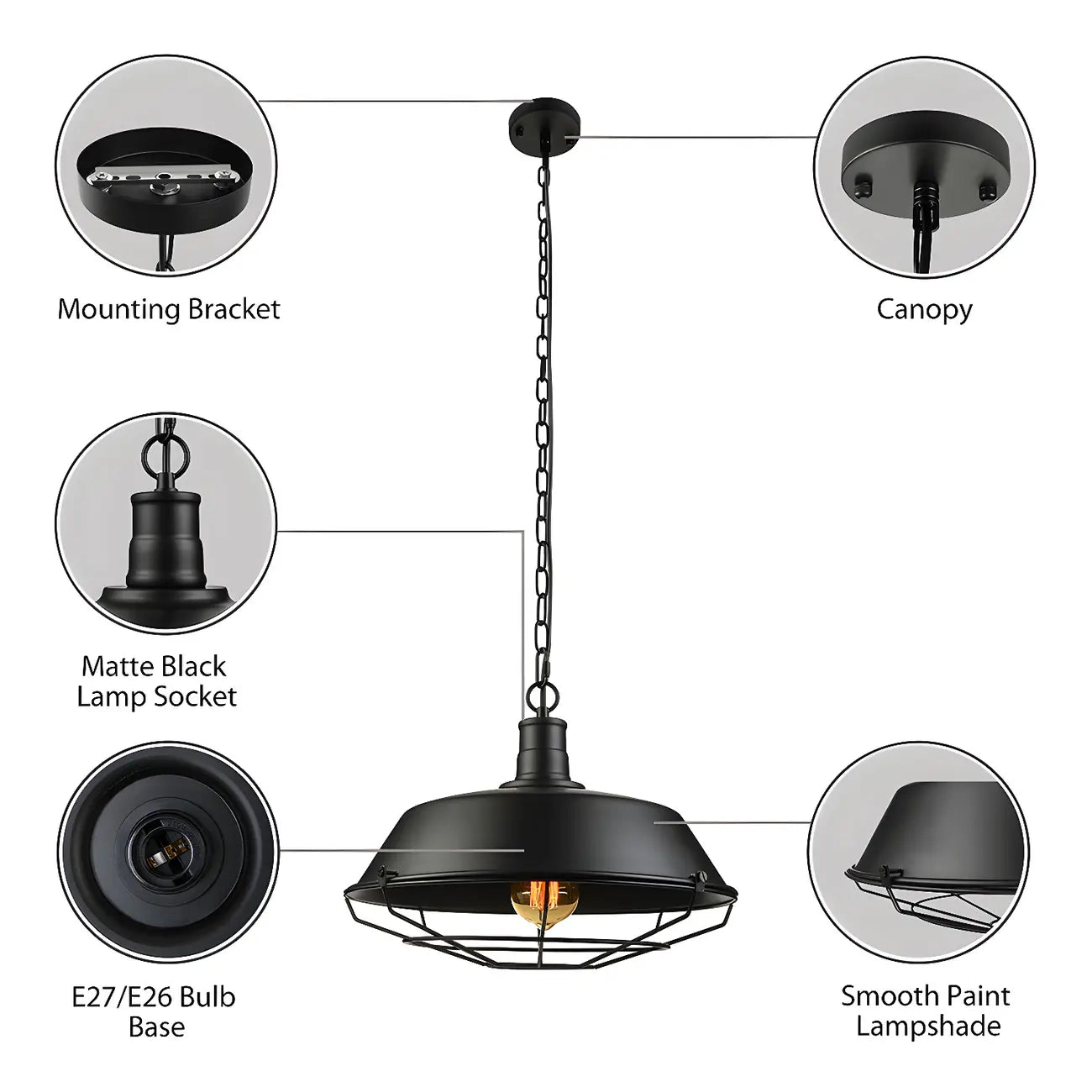 Industrial Black Metal Cap Caged Pendant Light