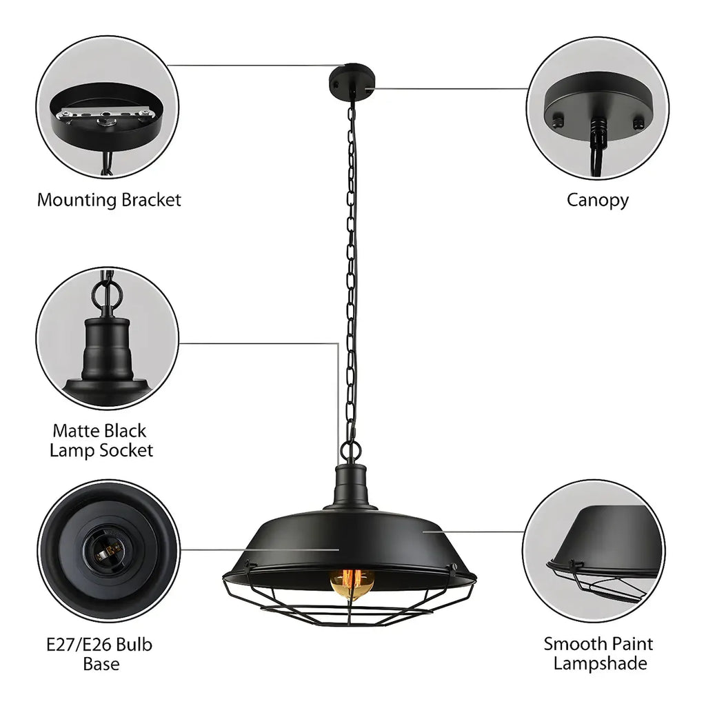Industrial Black Metal Cap Caged Pendant Light