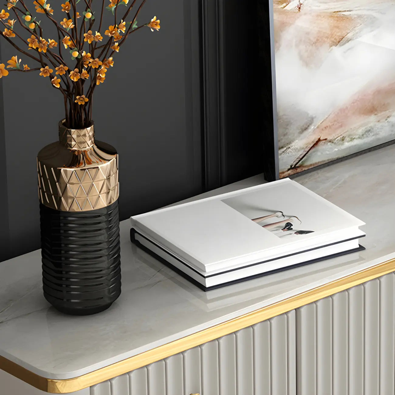 Elegant Gray Wooden Dressers & Chests with Gold Handles