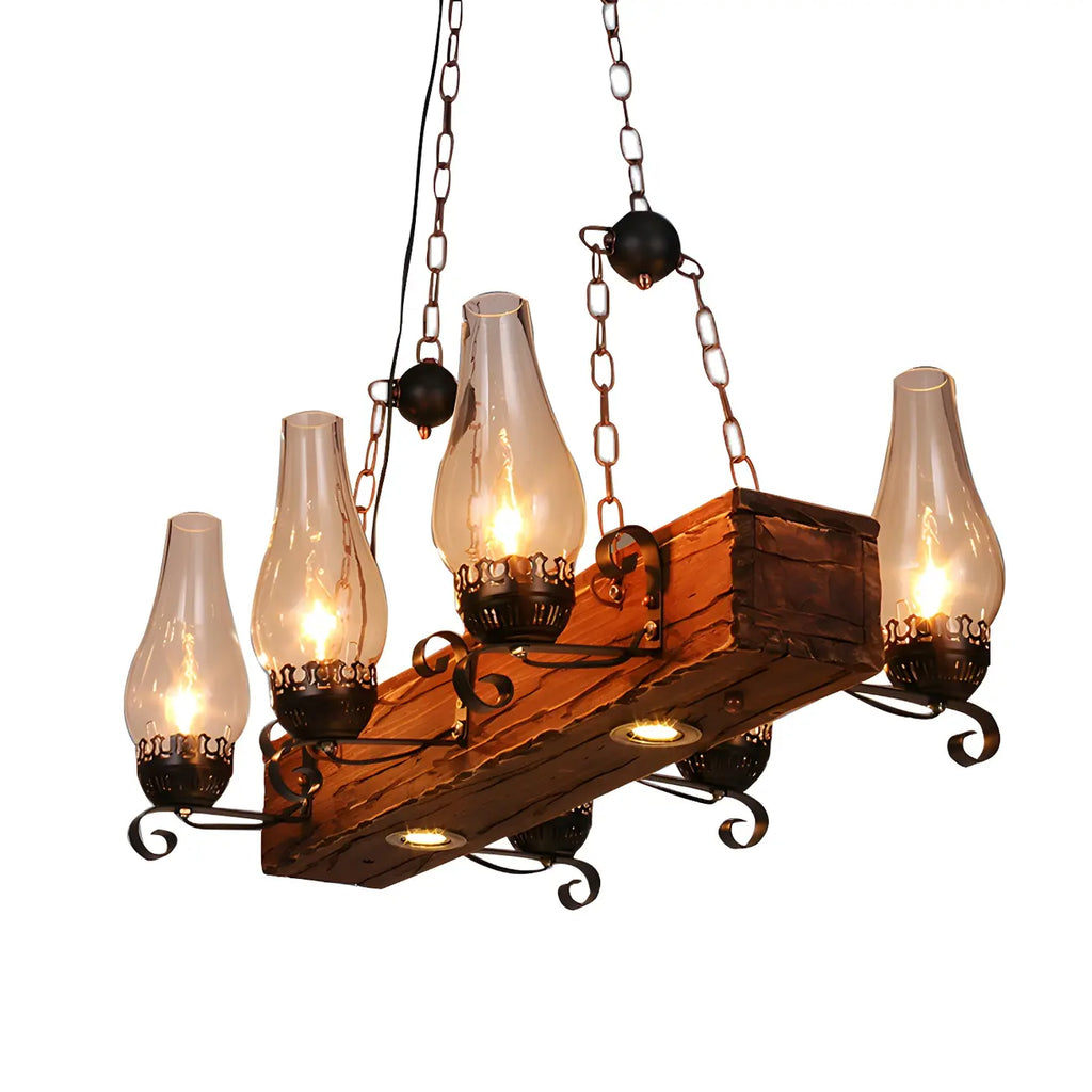 Industrial Rustic Wood Vintage Glass Rectangular Chandelier