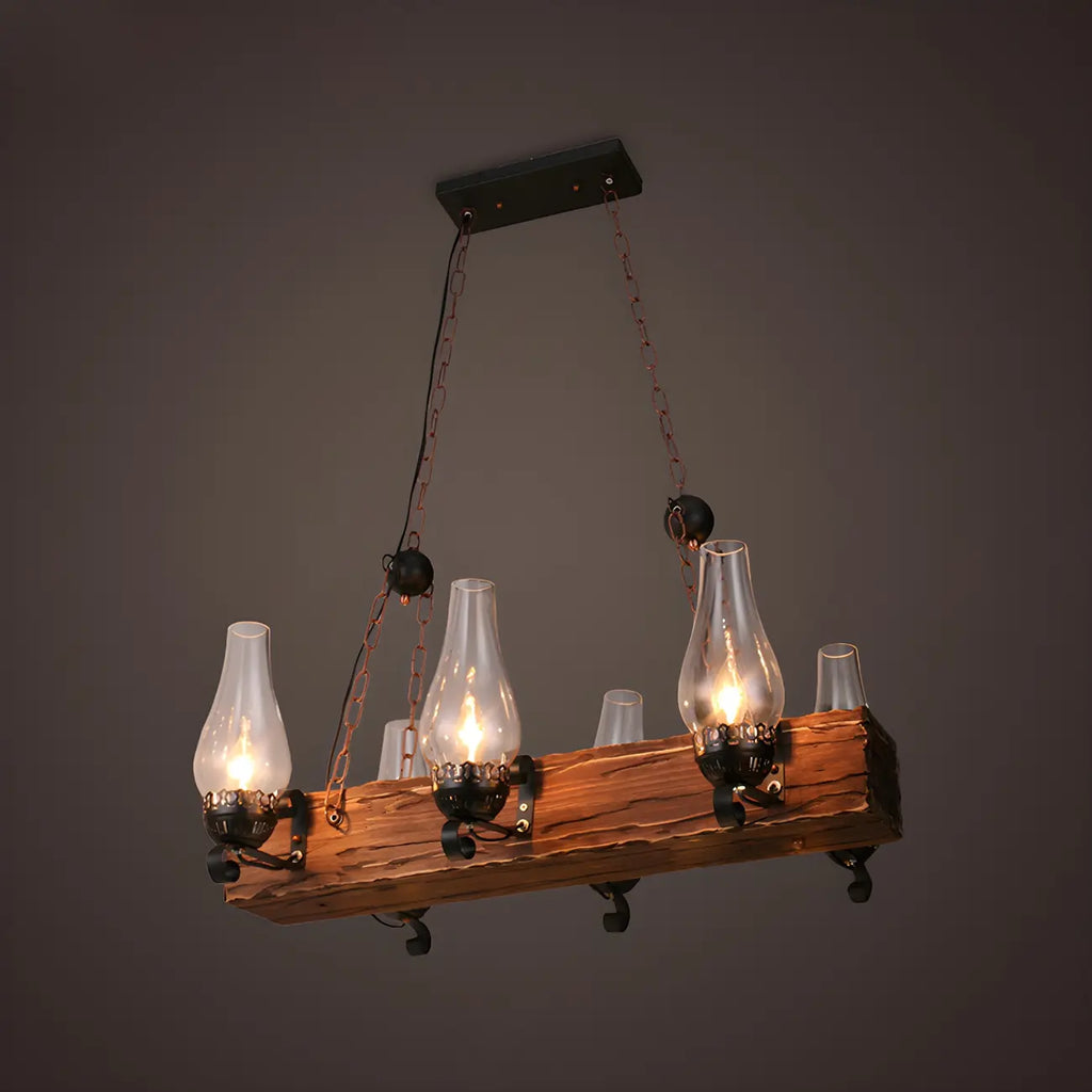 Industrial Rustic Wood Vintage Glass Rectangular Chandelier