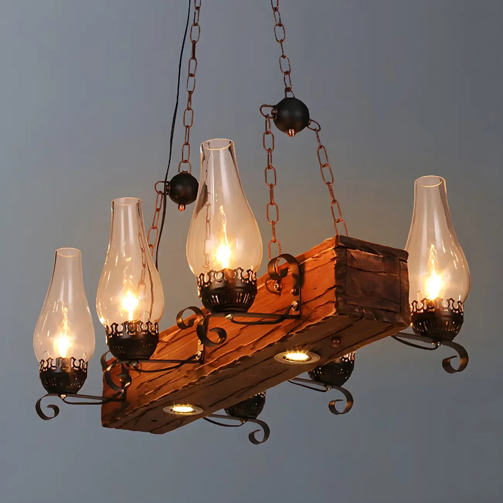 Industrial Rustic Wood Vintage Glass Rectangular Chandelier