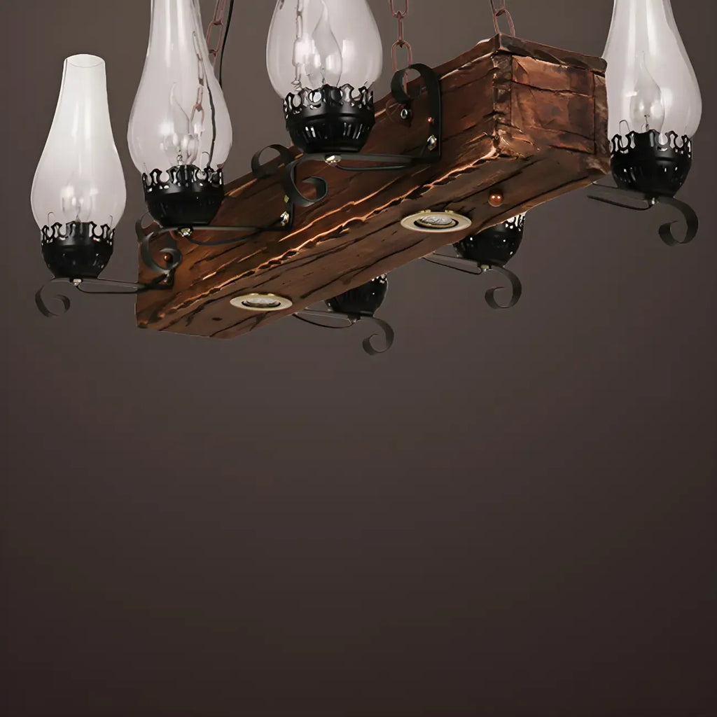 Industrial Rustic Wood Vintage Glass Rectangular Chandelier