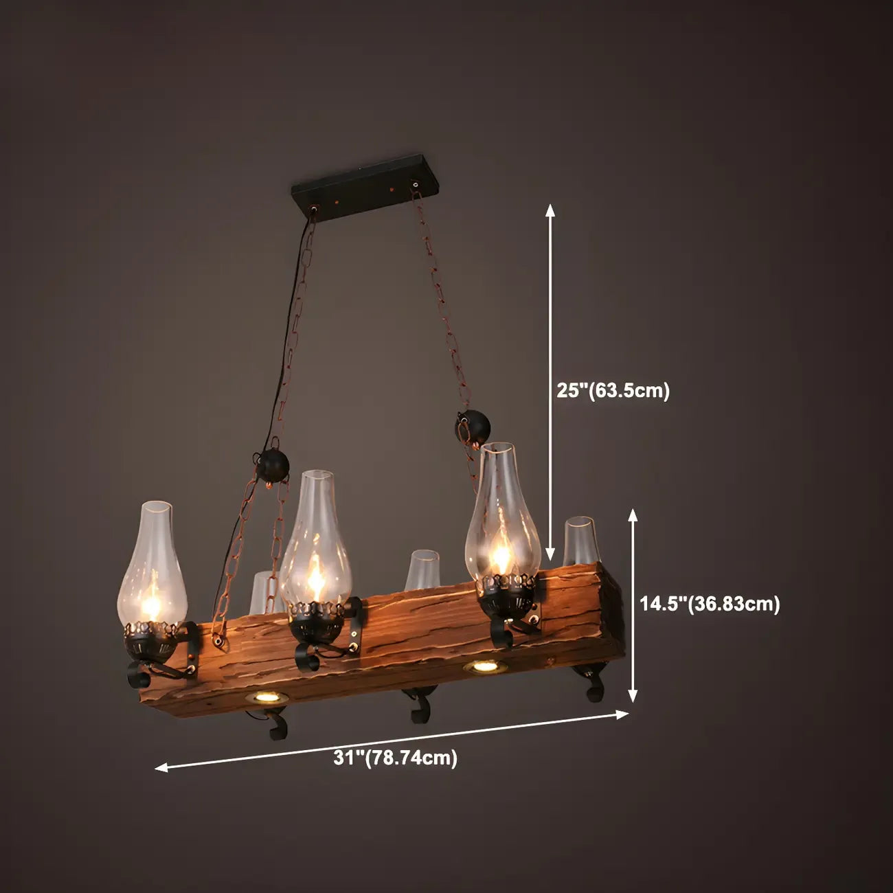 Industrial Rustic Wood Vintage Glass Rectangular Chandelier