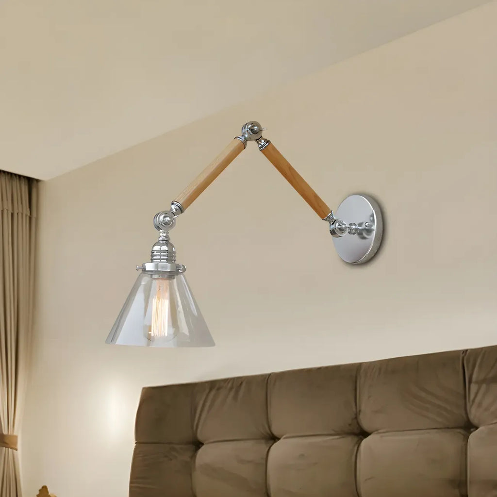 Vintage Clear Glass Cone Shade Wood Metal Swing Arm Wall Light
