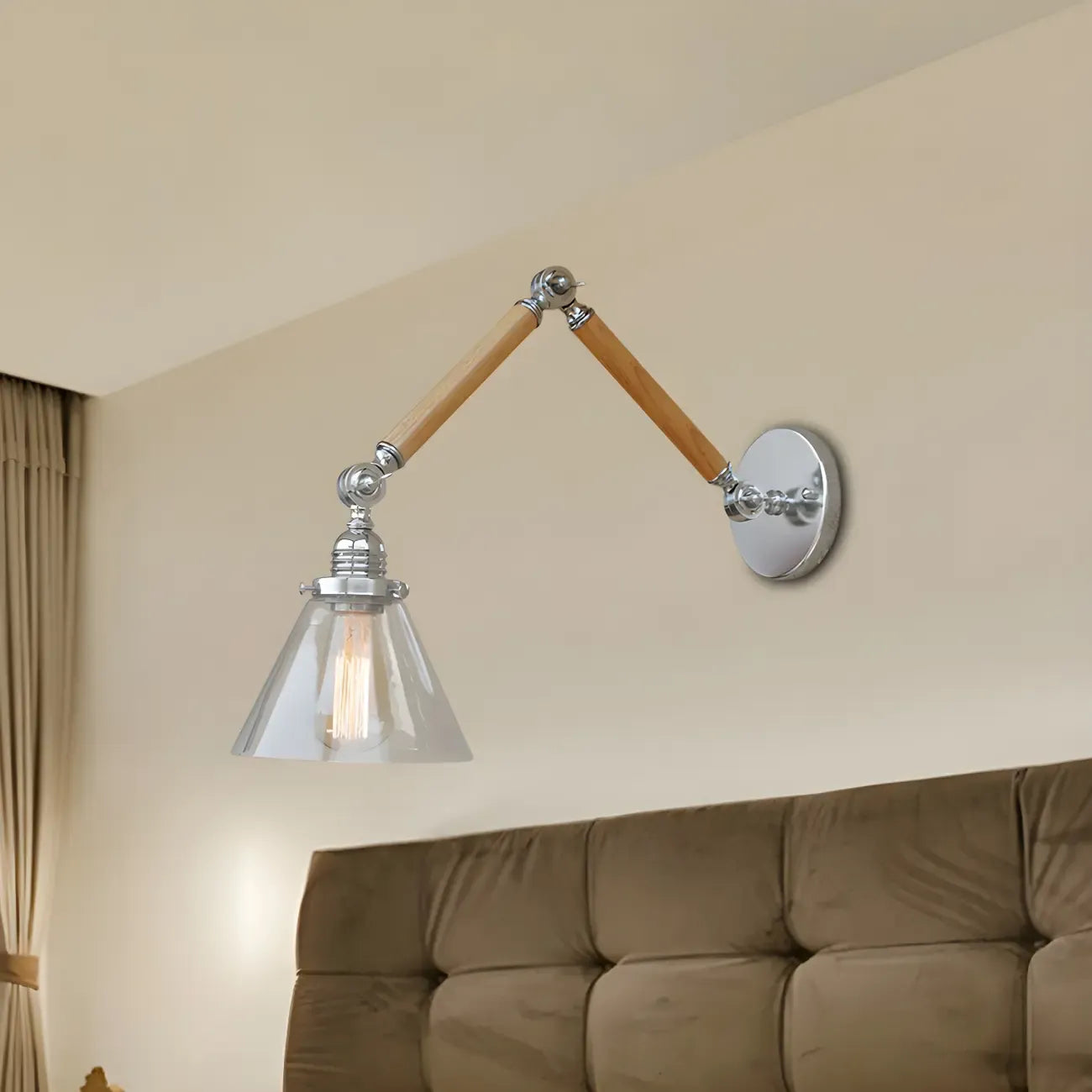 Vintage Clear Glass Cone Shade Wood Metal Swing Arm Wall Light