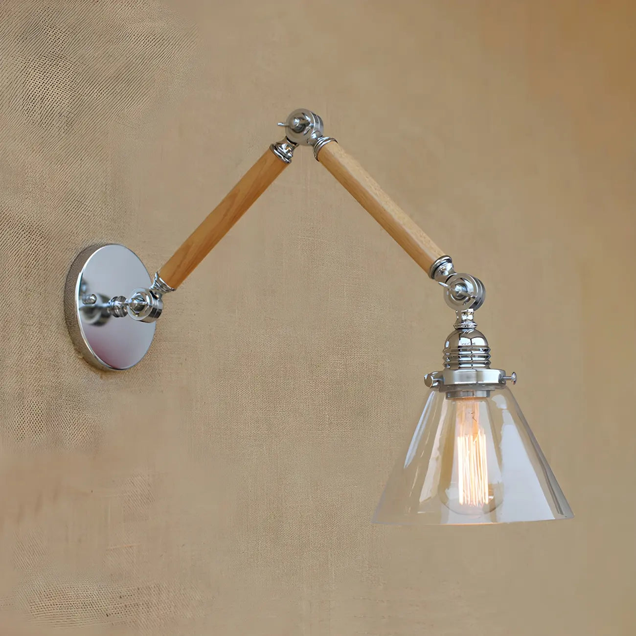 Vintage Clear Glass Cone Shade Wood Metal Swing Arm Wall Light