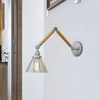 Vintage Clear Glass Cone Shade Wood Metal Swing Arm Wall Light