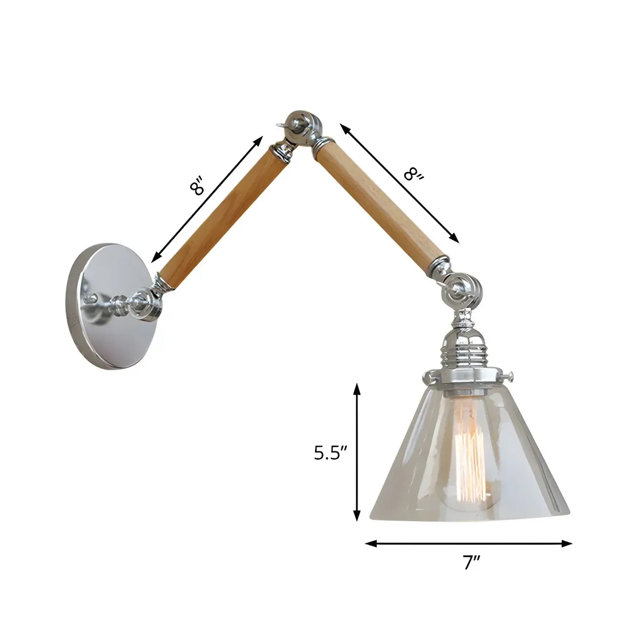 Vintage Clear Glass Cone Shade Wood Metal Swing Arm Wall Light