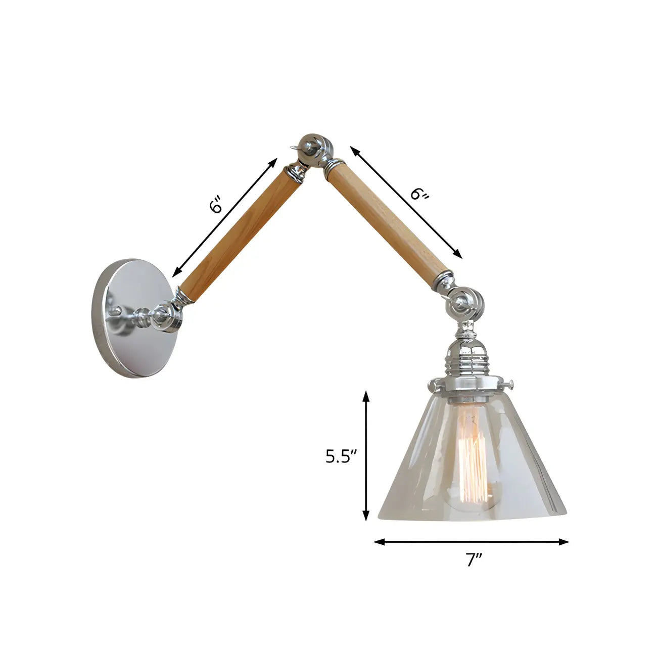 Vintage Clear Glass Cone Shade Wood Metal Swing Arm Wall Light