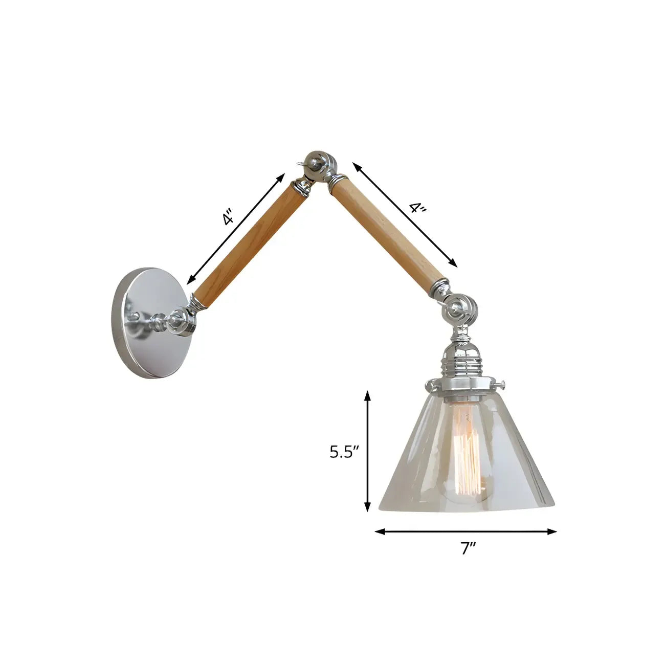 Vintage Clear Glass Cone Shade Wood Metal Swing Arm Wall Light