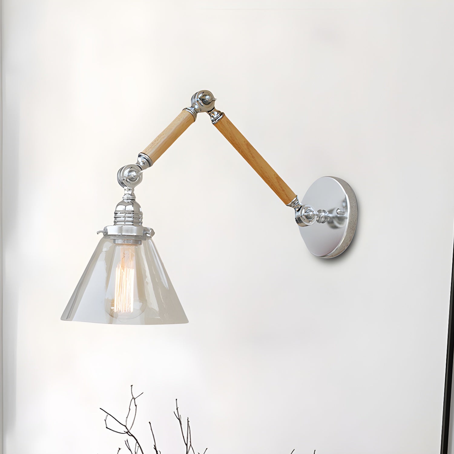 Vintage Clear Glass Cone Shade Wood Metal Swing Arm Wall Light