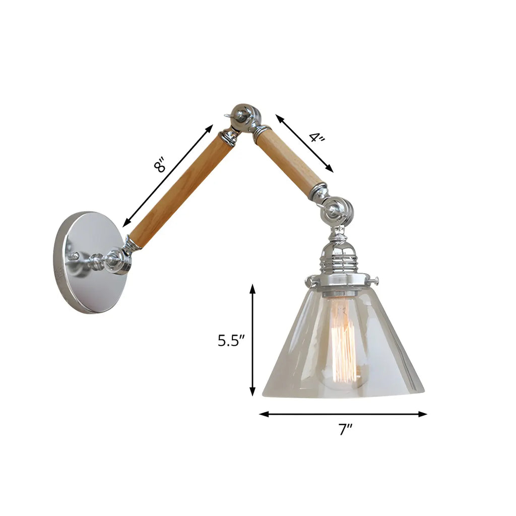 Vintage Clear Glass Cone Shade Wood Metal Swing Arm Wall Light