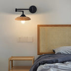 Black Metal Swing Arm Wall Light with Wood Shade