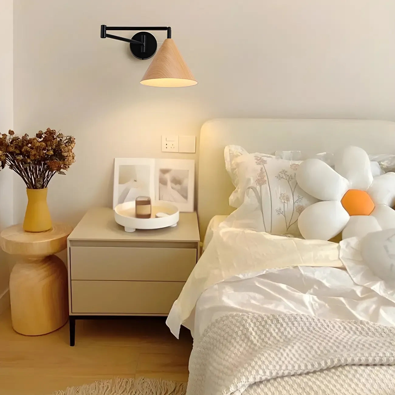 Black Metal Swing Arm Wall Light with Wood Shade