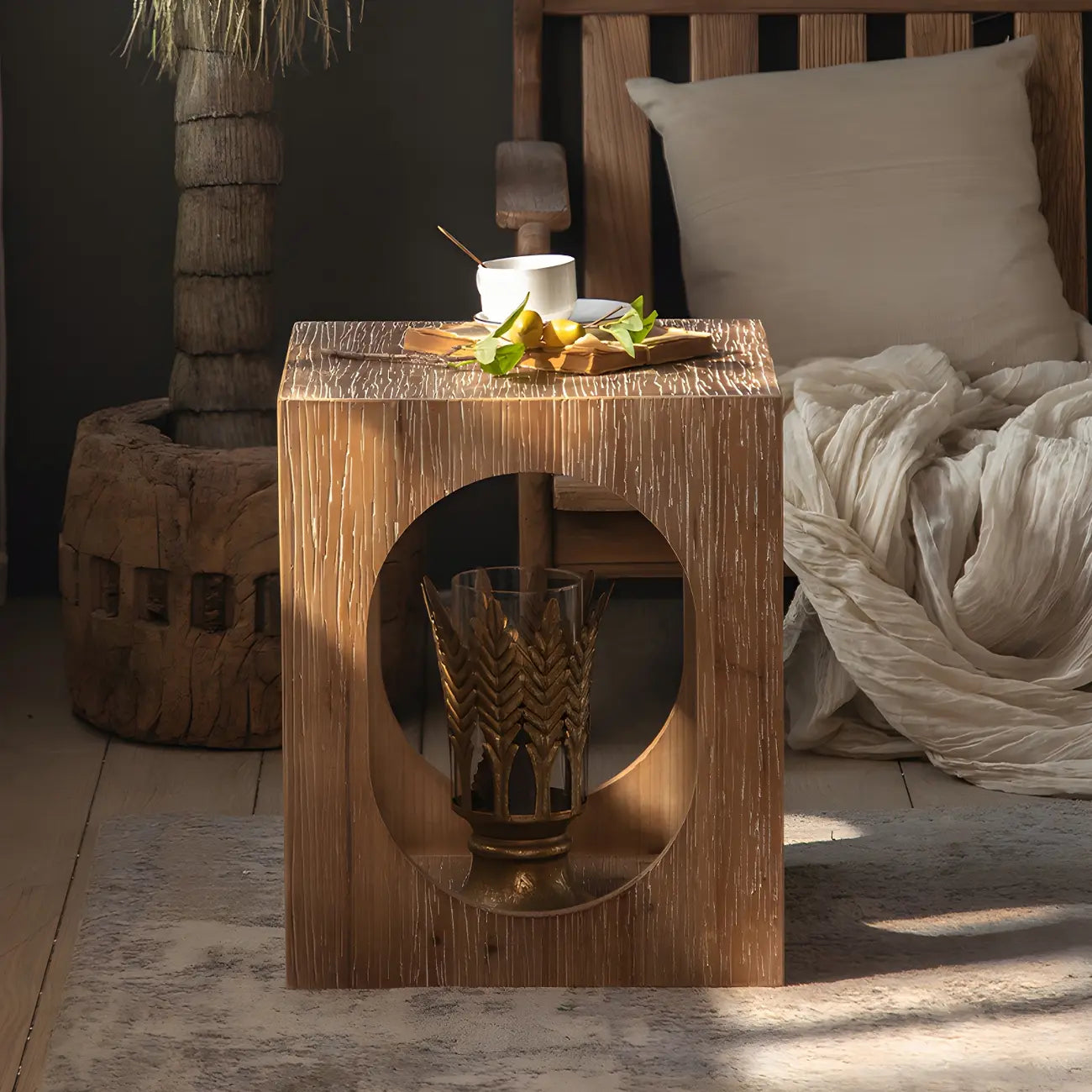 Rustic Square Distressed Wood Side Table with Open Storage