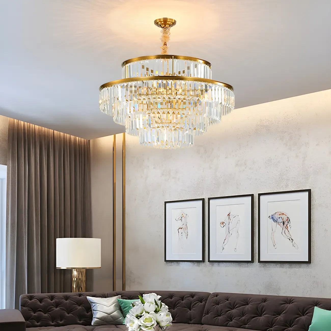 Gold Crystal Cylinder Tier Circle Chandelier