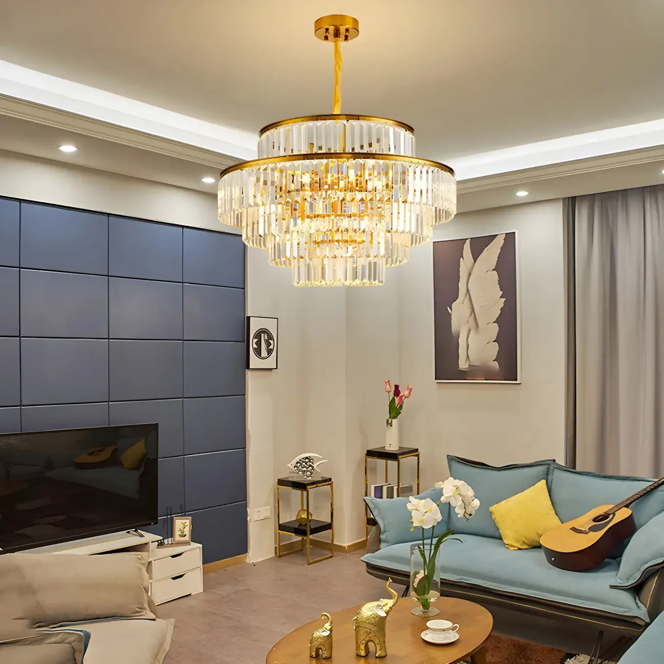 Gold Crystal Cylinder Tier Circle Chandelier