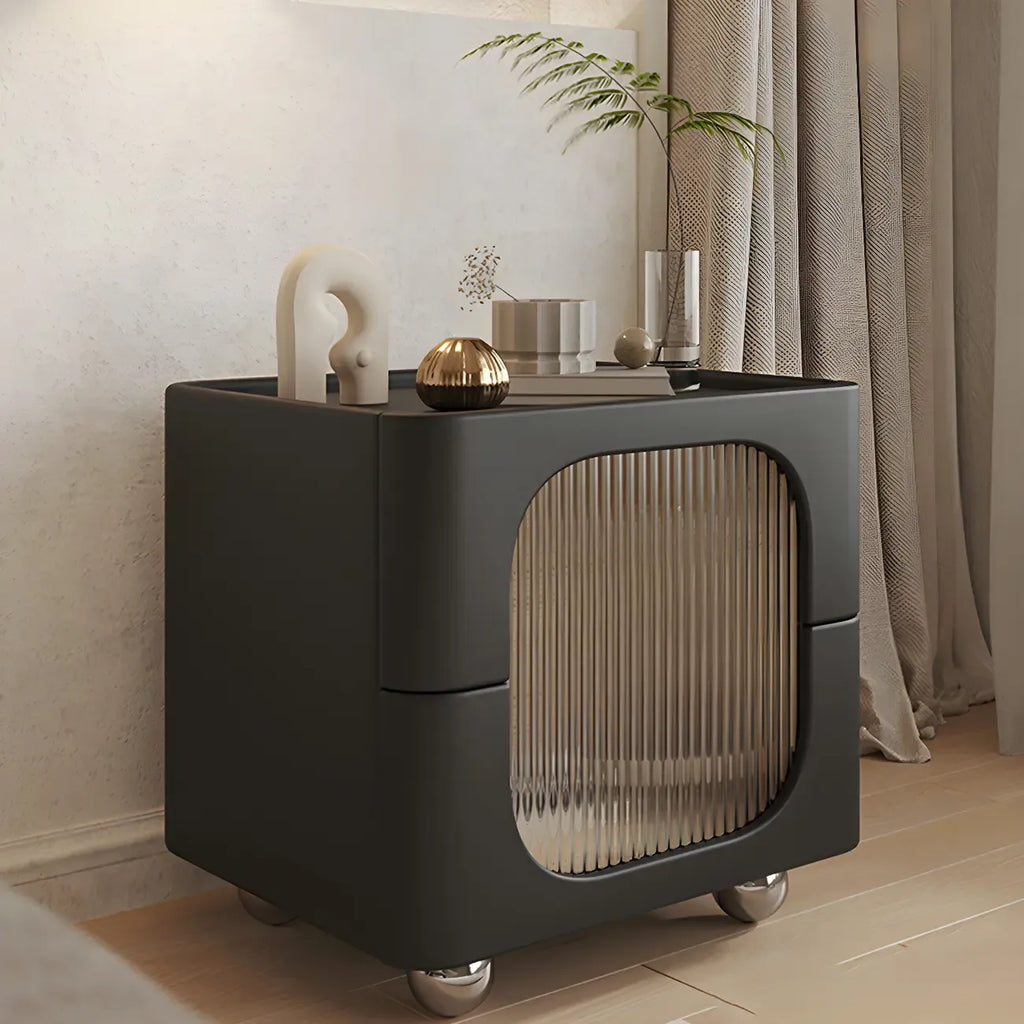 Minimalist Small Solid Wood Glass Cubic Black Nightstand