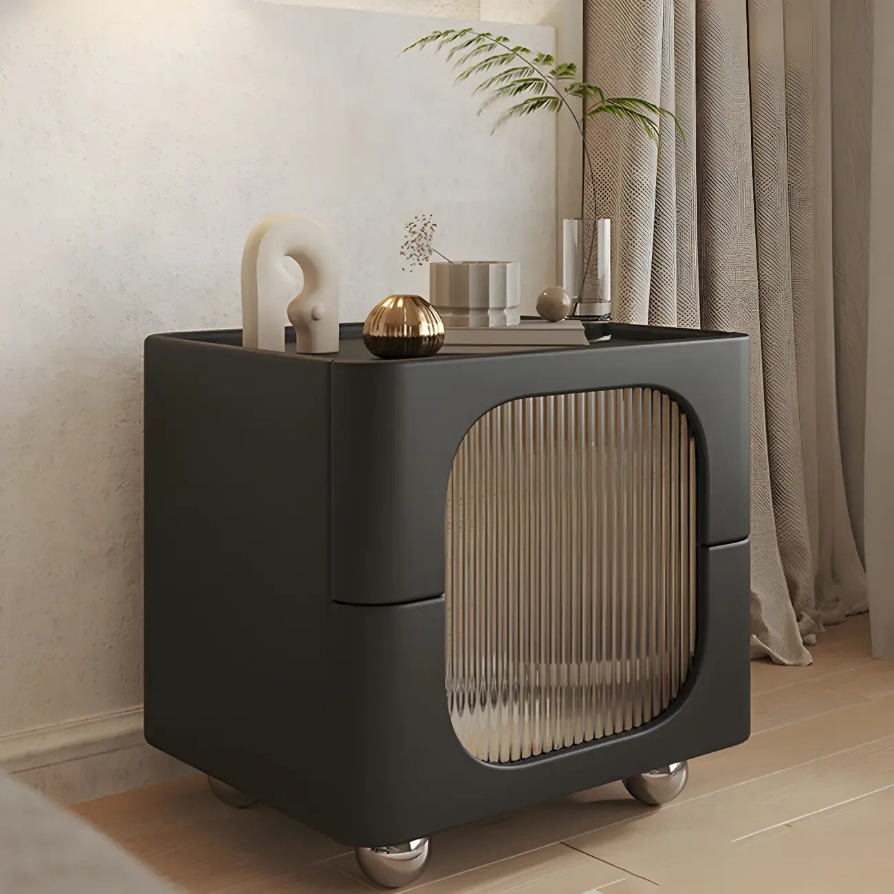 Minimalist Small Solid Wood Glass Cubic Black Nightstand