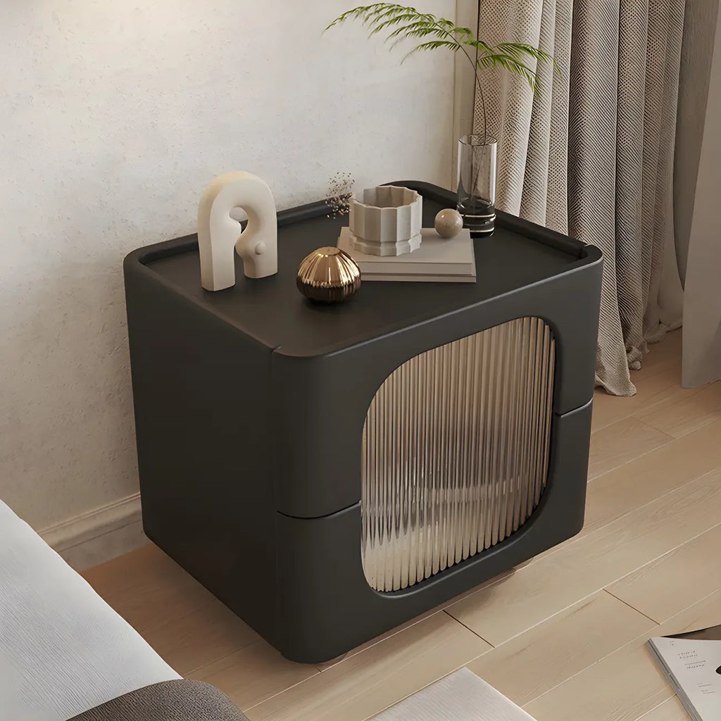Minimalist Small Solid Wood Glass Cubic Black Nightstand