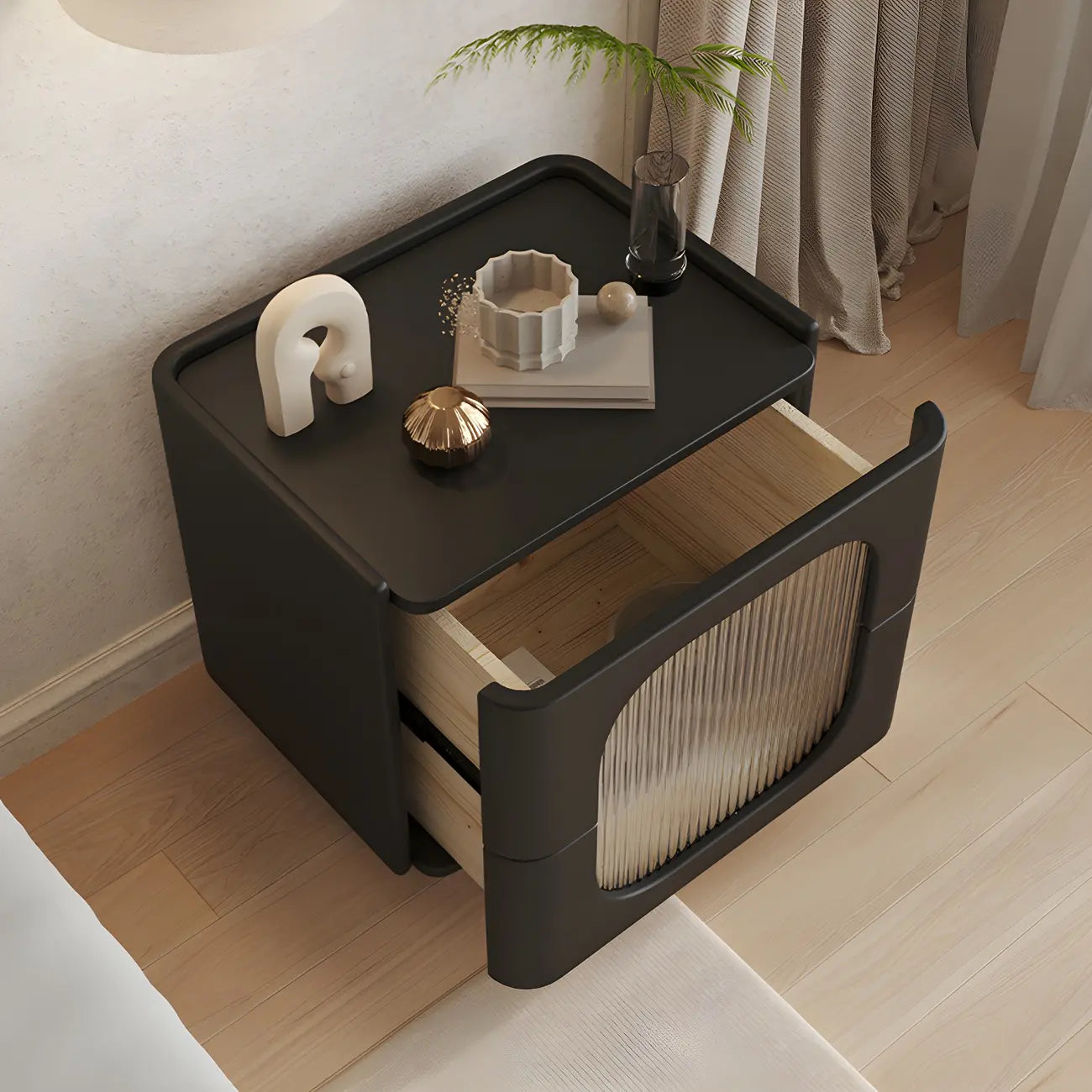 Minimalist Small Solid Wood Glass Cubic Black Nightstand