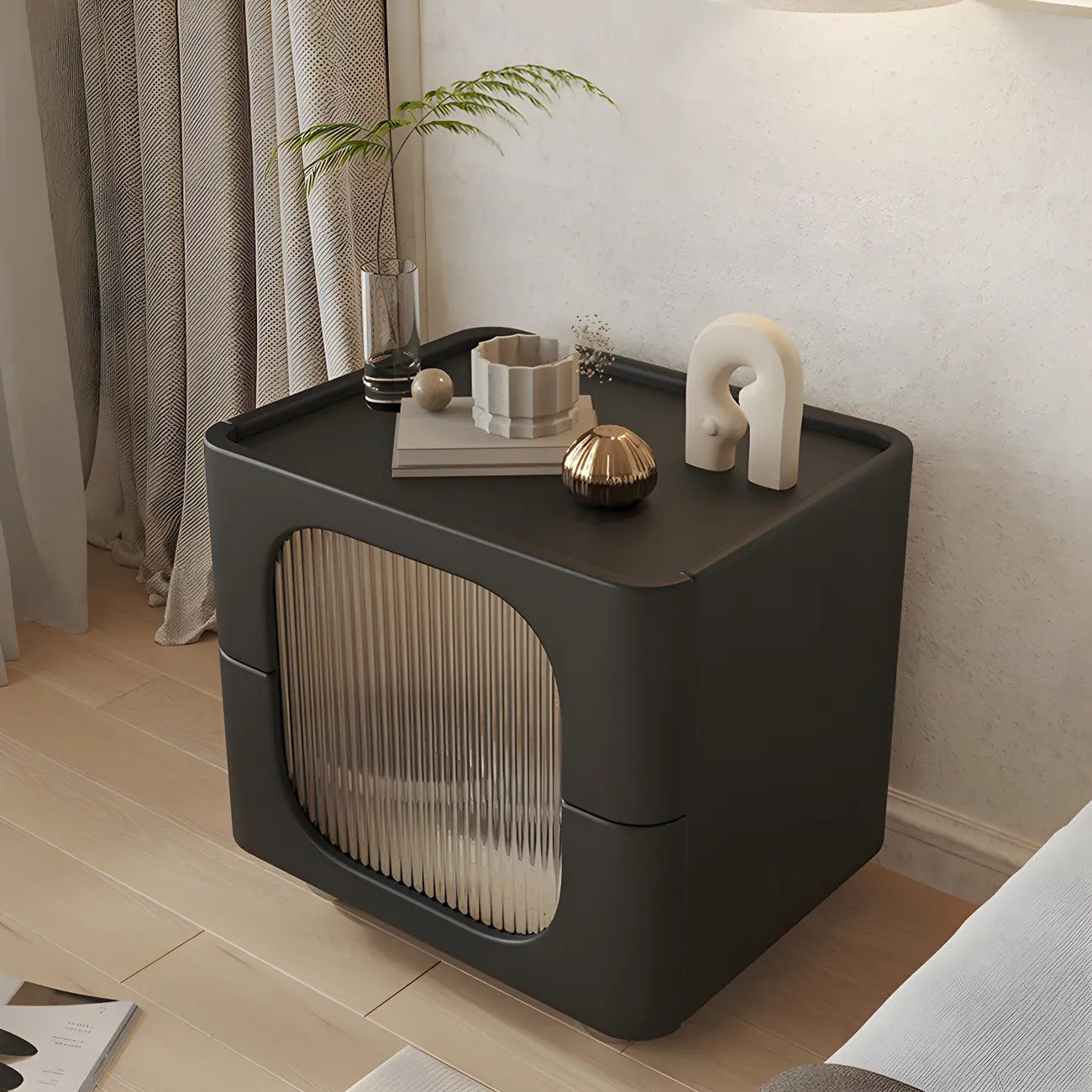 Minimalist Small Solid Wood Glass Cubic Black Nightstand