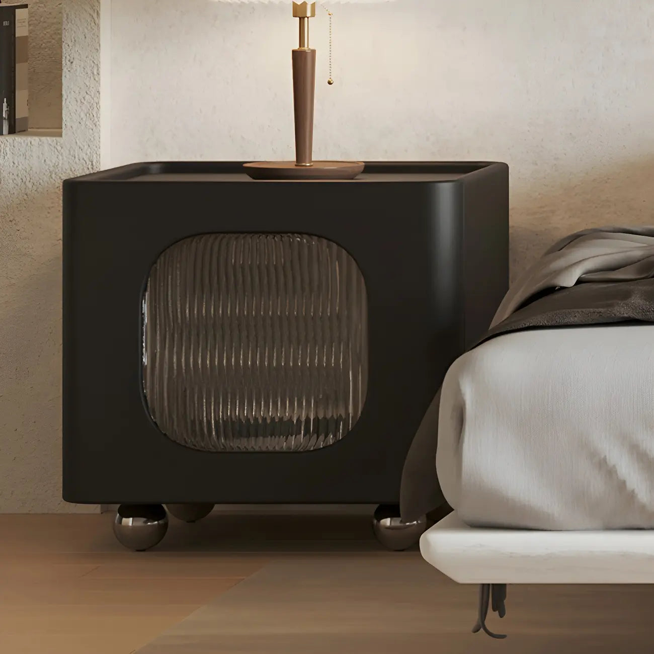 Minimalist Small Solid Wood Glass Cubic Black Nightstand