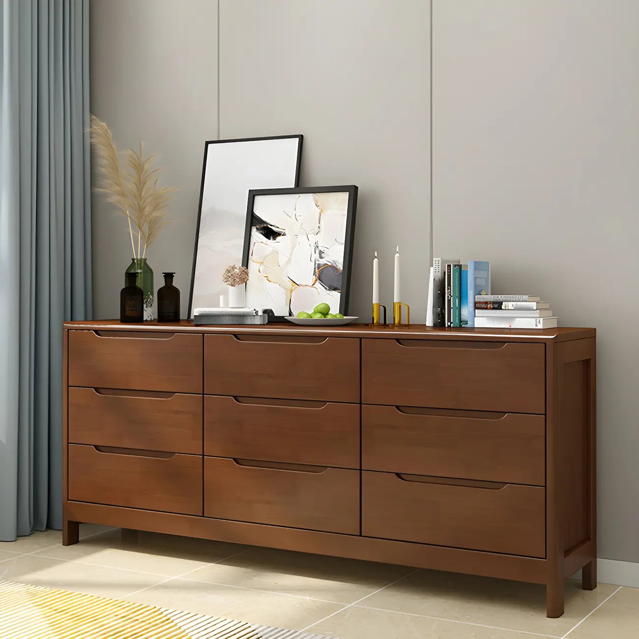 Narrow Rubberwood Natural Finish Double Dresser for Bedroom