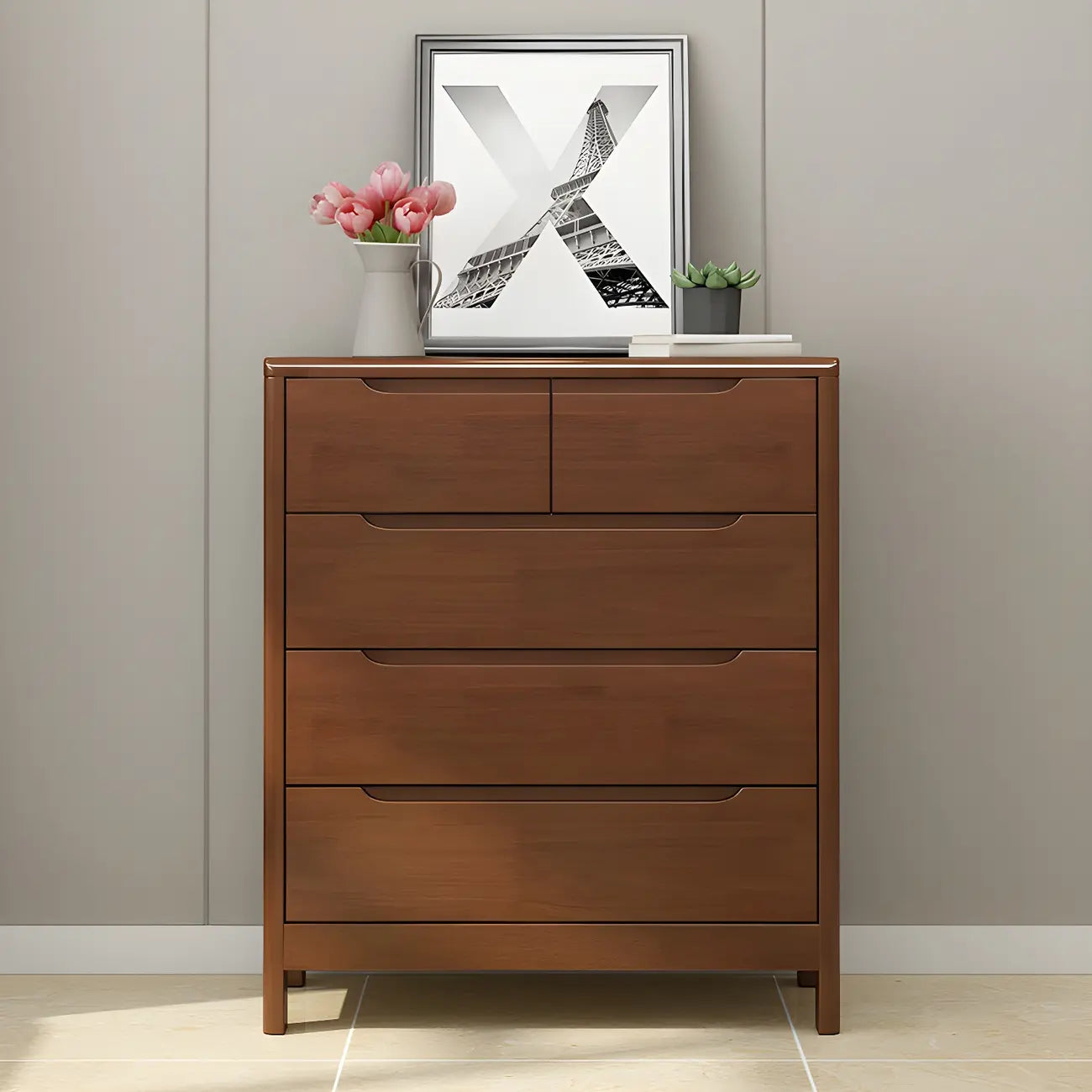 Narrow Rubberwood Natural Finish Double Dresser for Bedroom