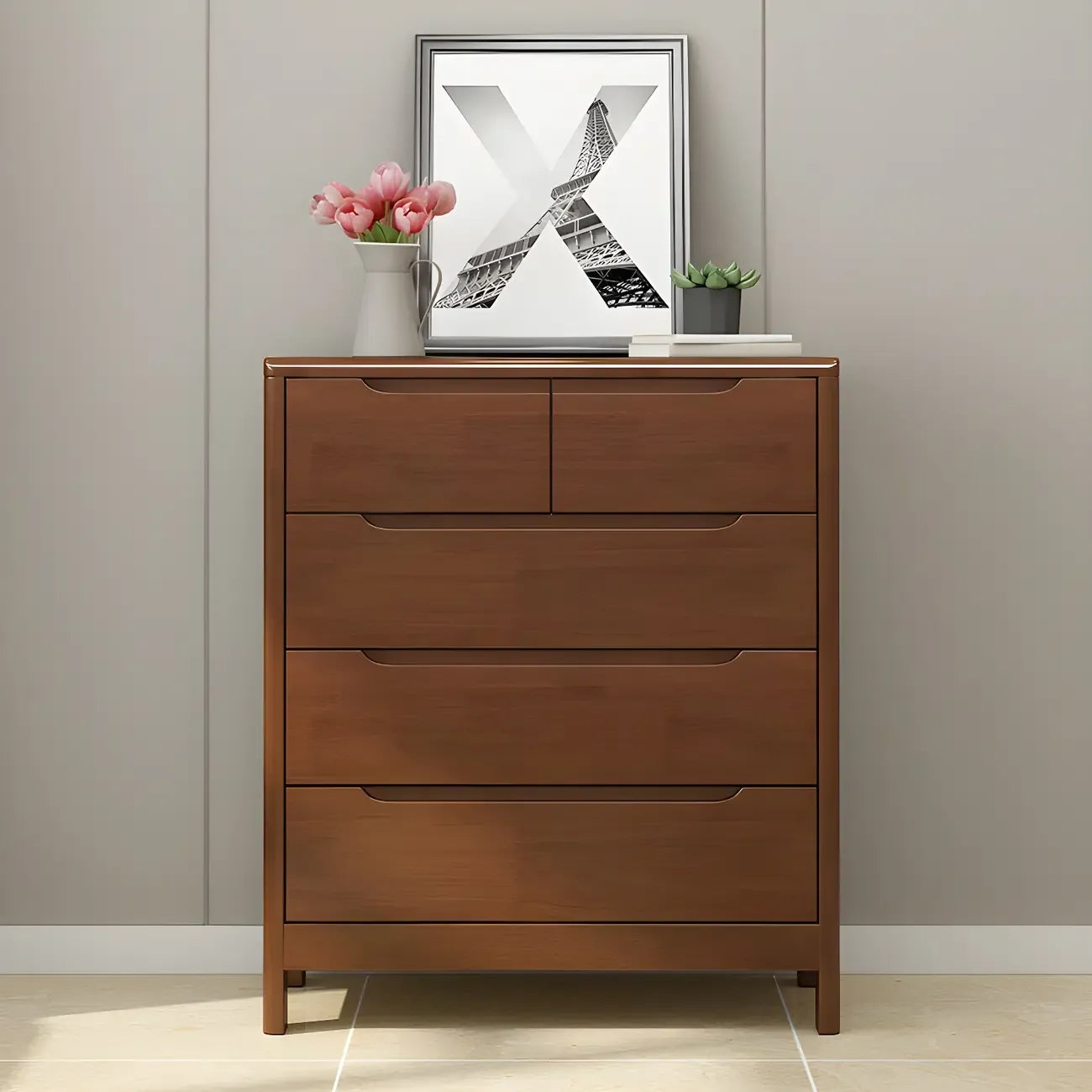Narrow Rubberwood Natural Finish Double Dresser for Bedroom