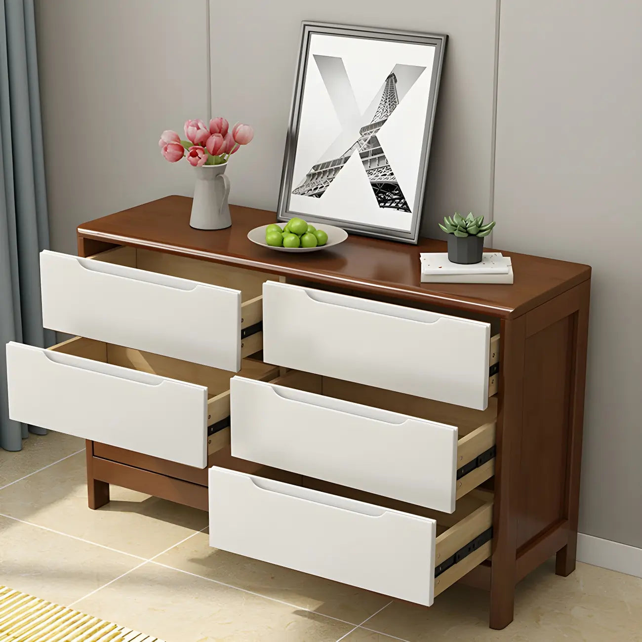 Narrow Rubberwood Natural Finish Double Dresser for Bedroom