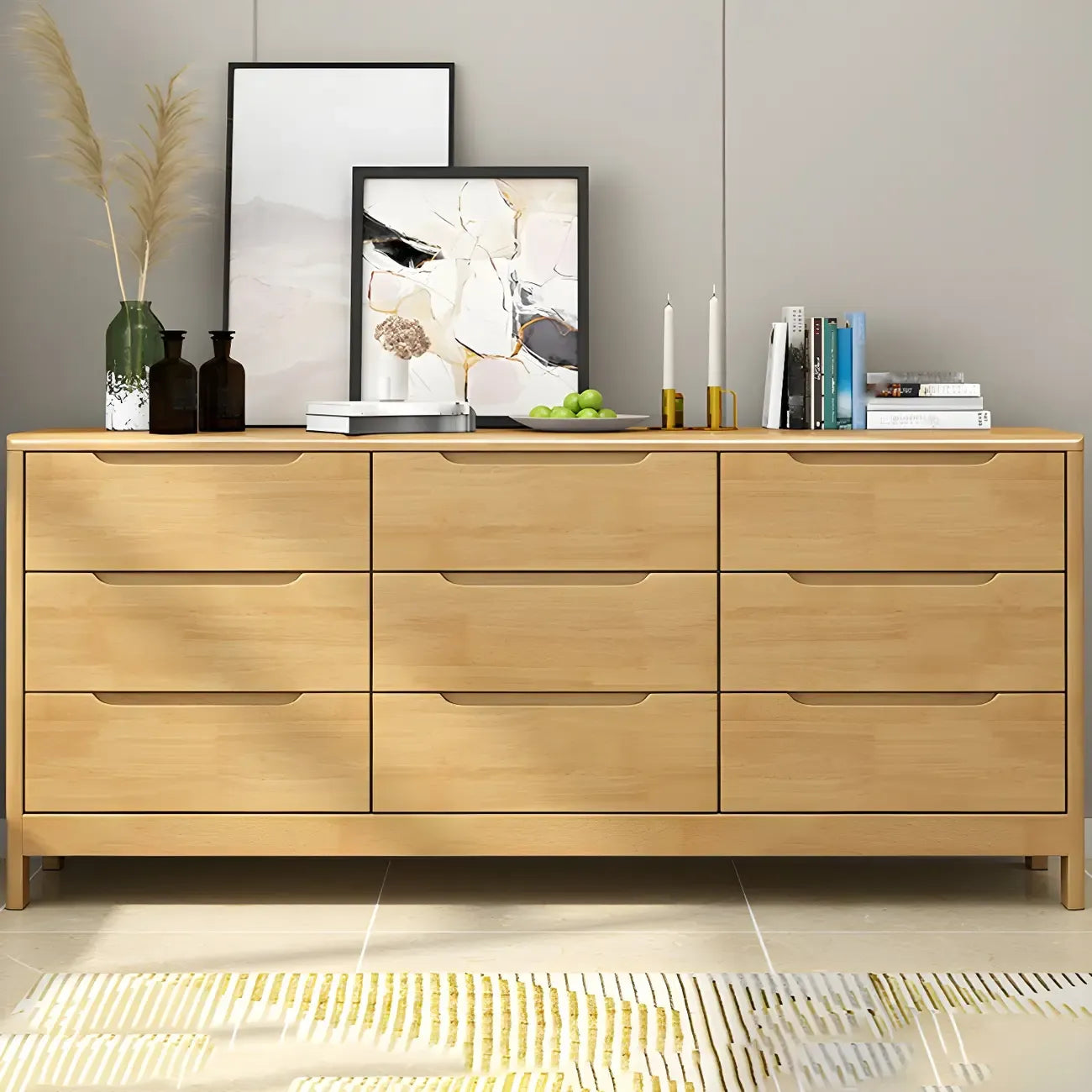 Narrow Rubberwood Natural Finish Double Dresser for Bedroom