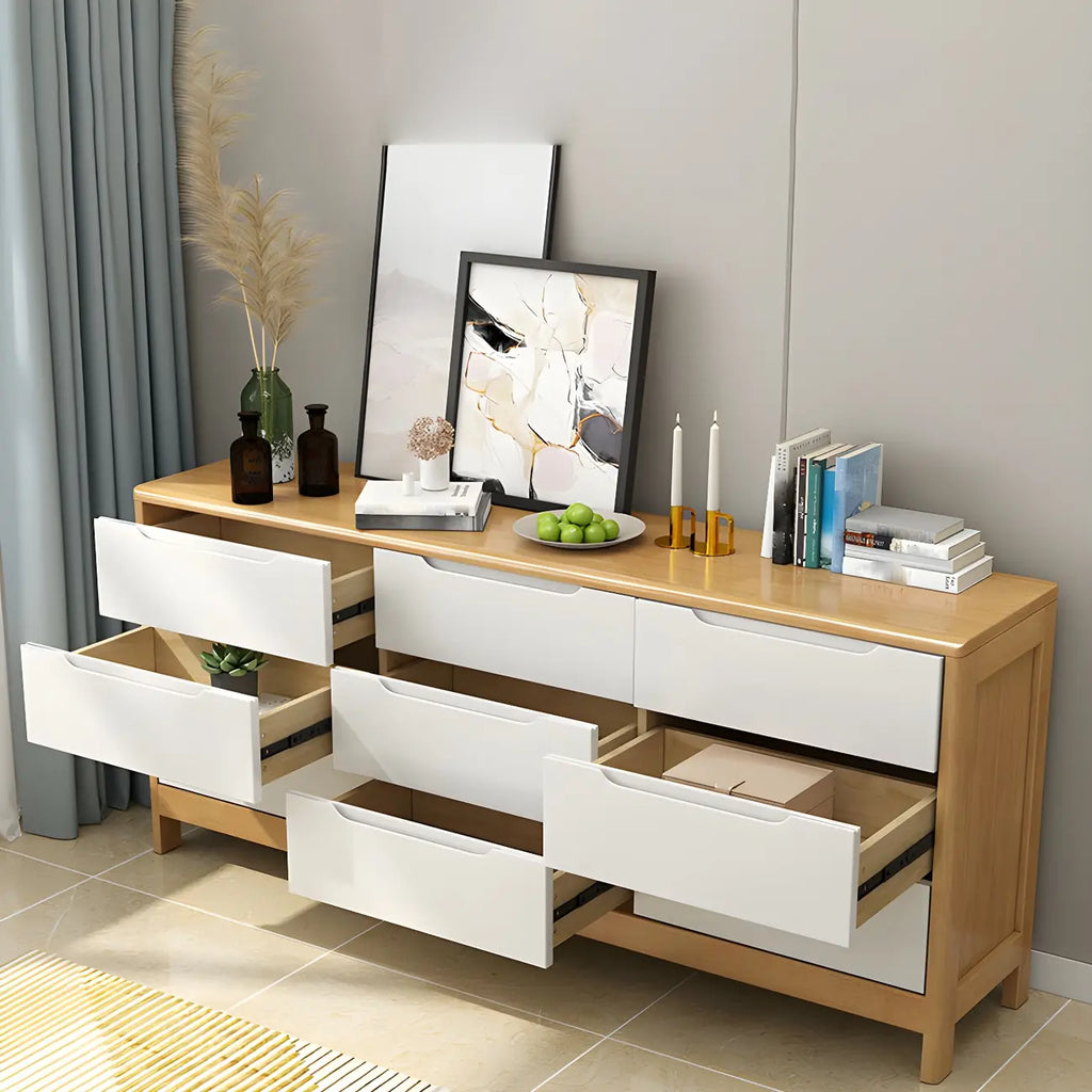 Narrow Rubberwood Natural Finish Double Dresser for Bedroom