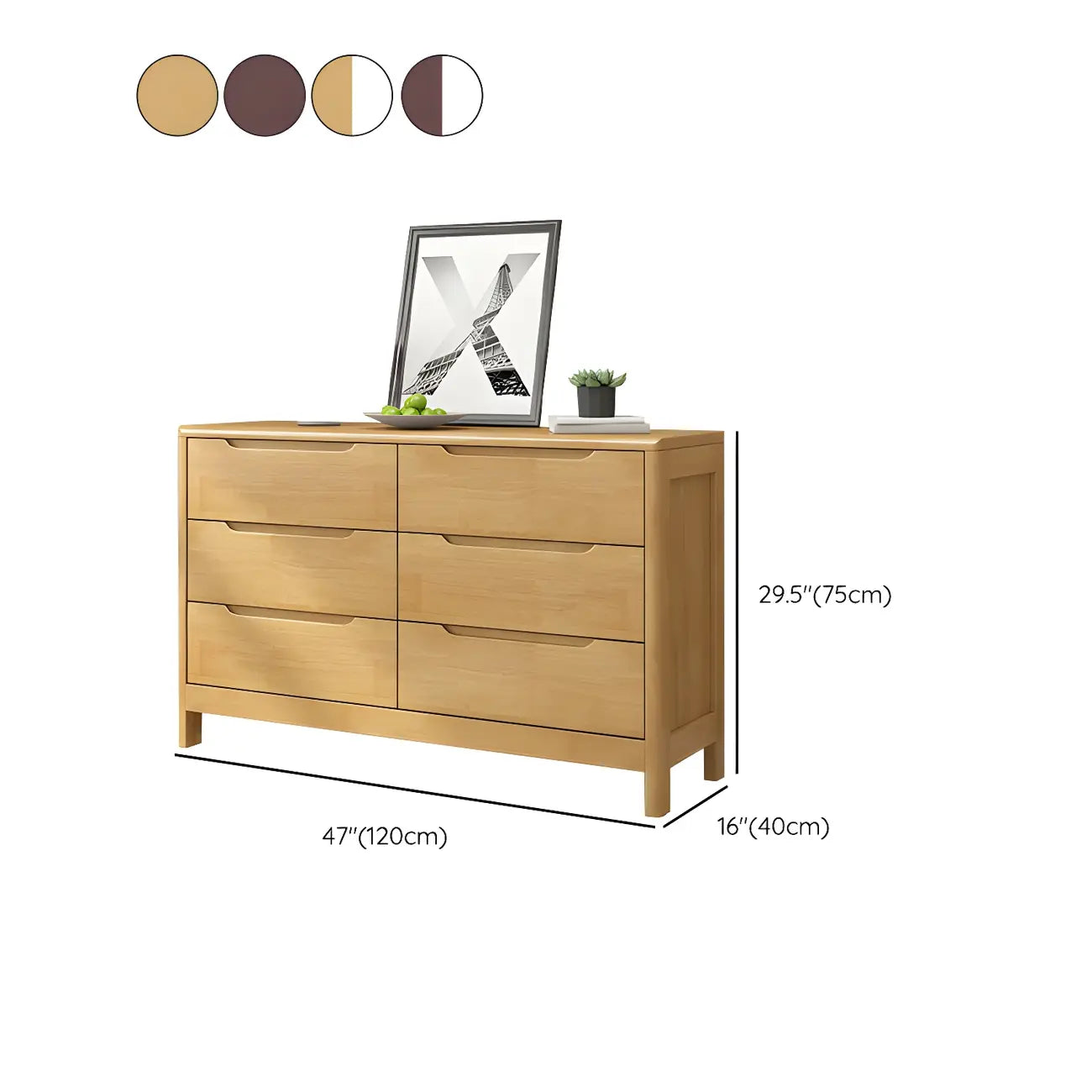 Narrow Rubberwood Natural Finish Double Dresser for Bedroom