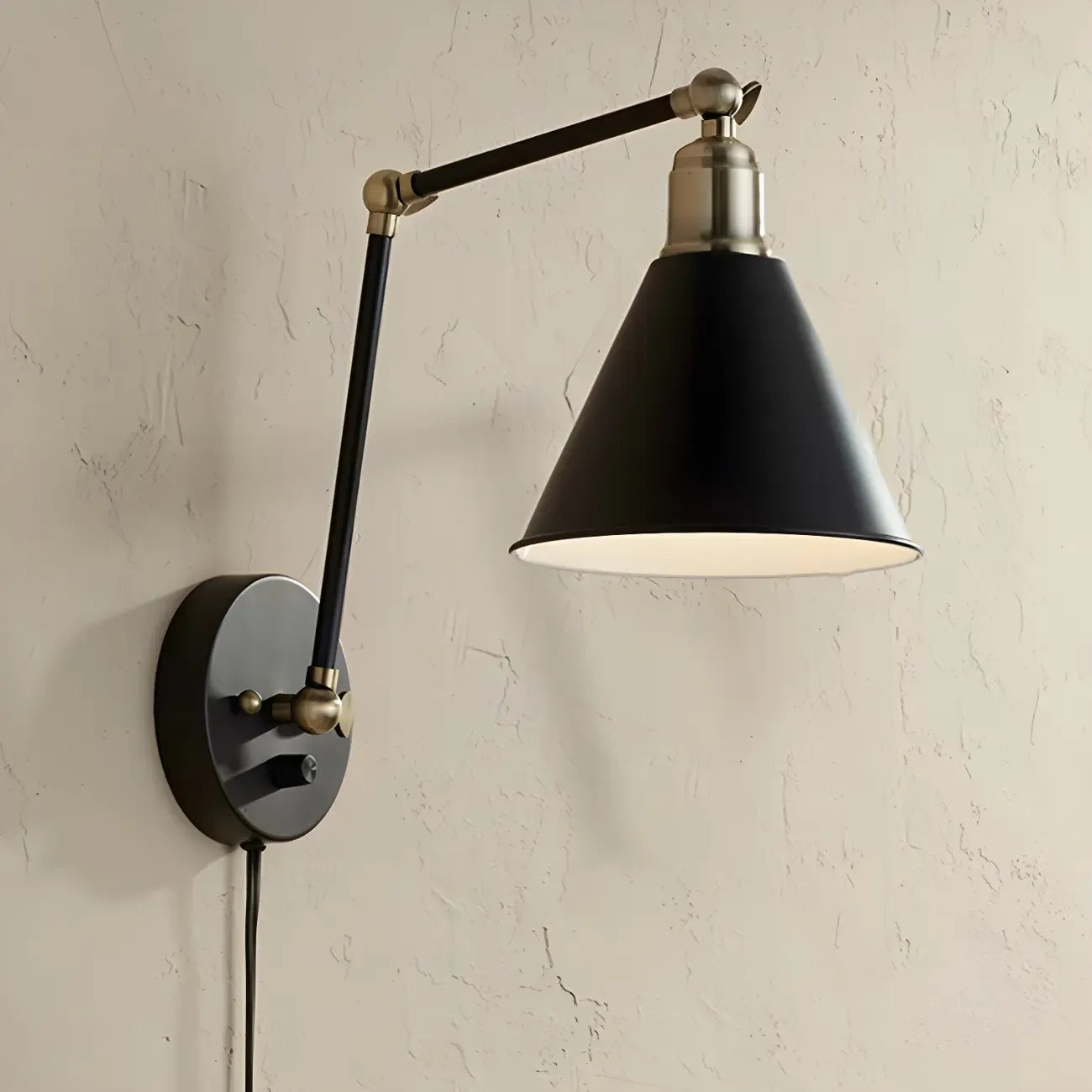 Vintage Metal Black Swing Arm Cone Shade Wall Light