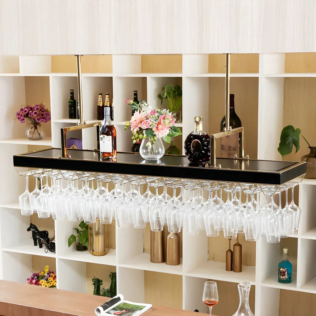 Elegant Black Hanging Wine Rack with Glass Holder