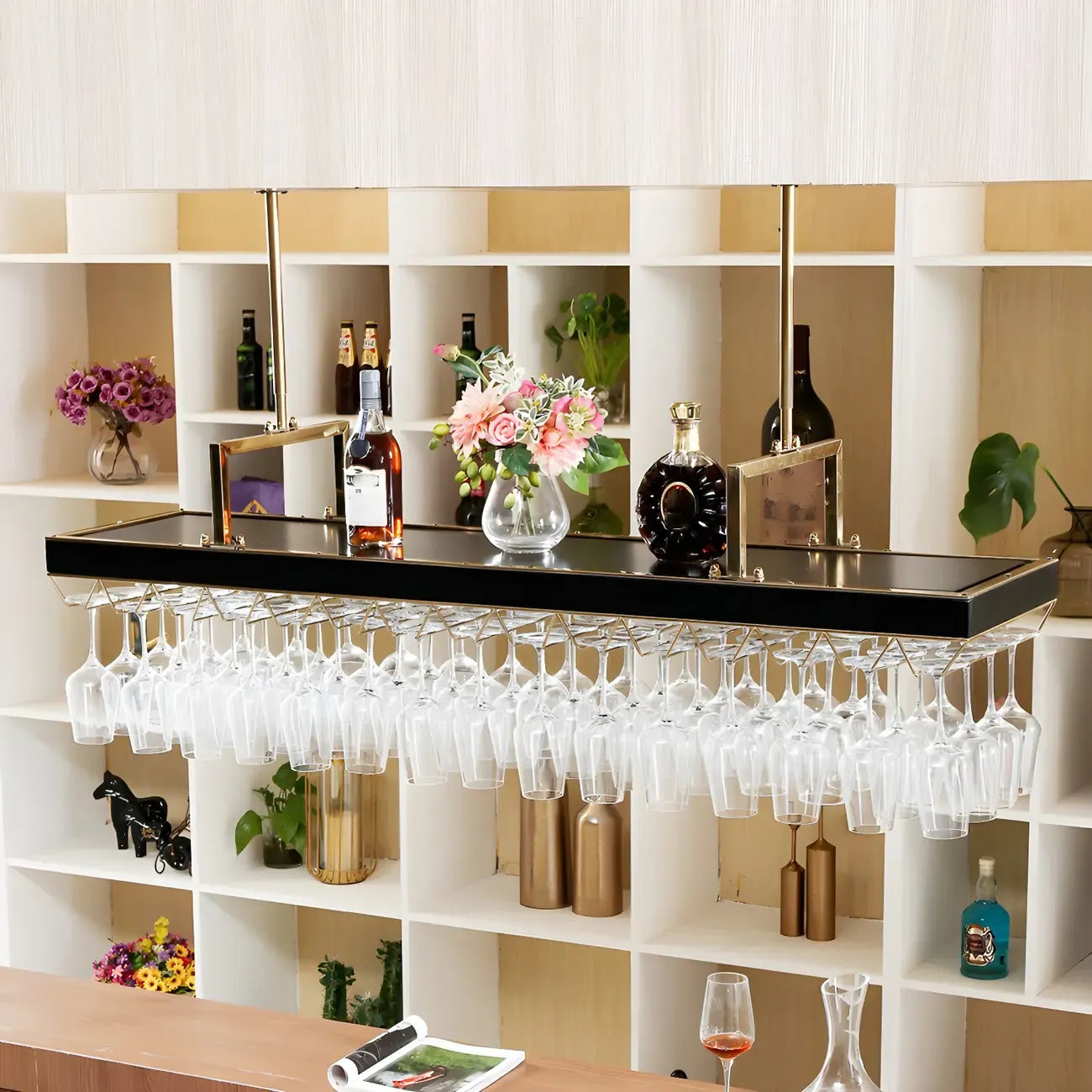 Elegant Black Hanging Wine Rack with Glass Holder
