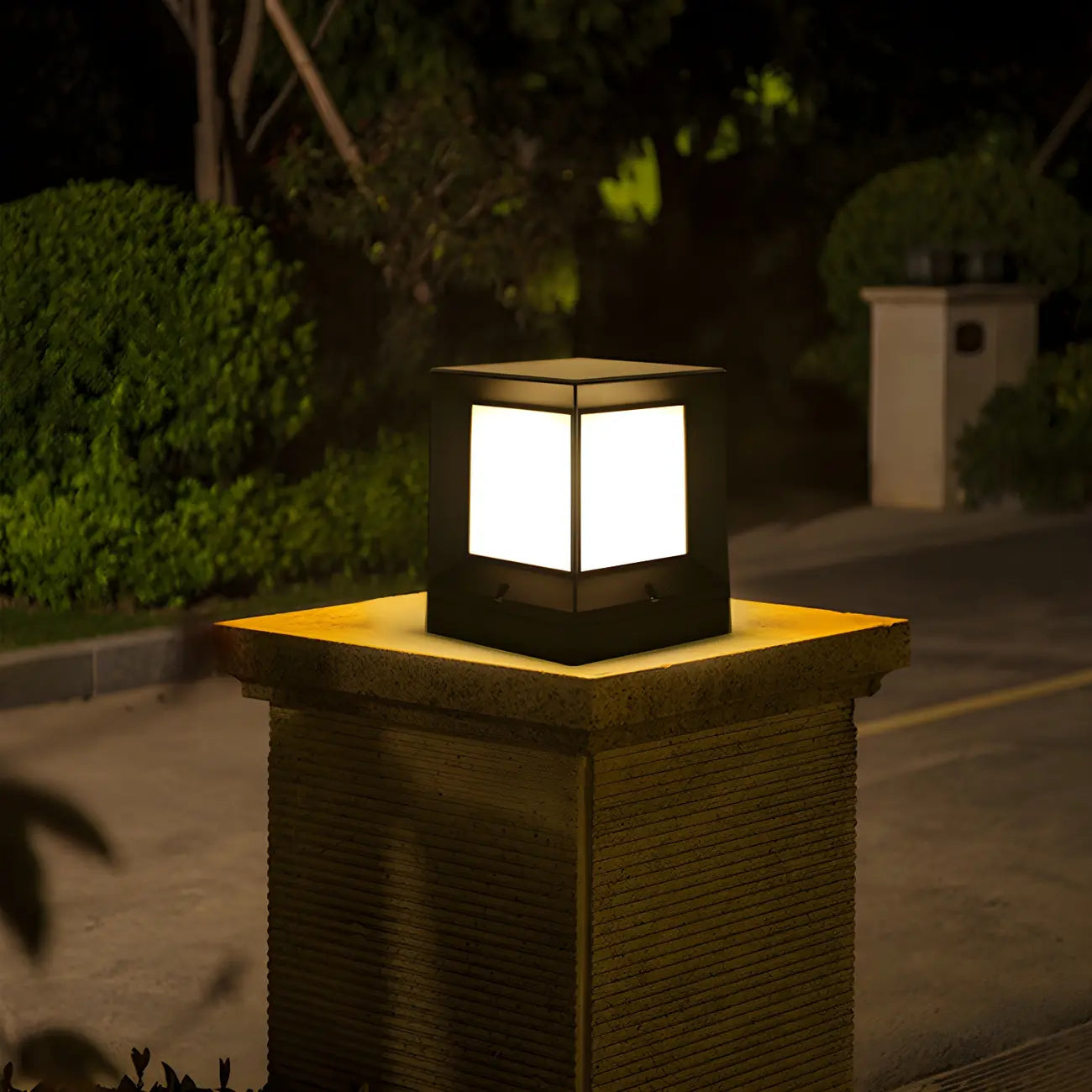 Simple Solar Black Metal Cube Outdoor Post Lights