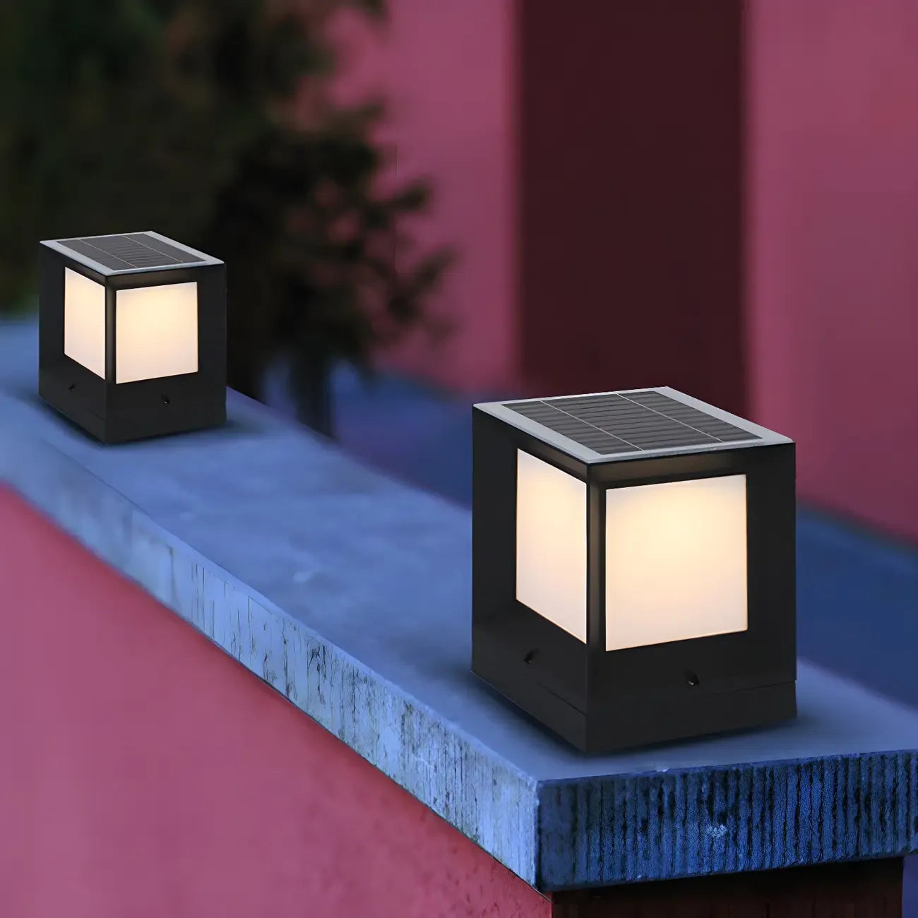 Simple Solar Black Metal Cube Outdoor Post Lights