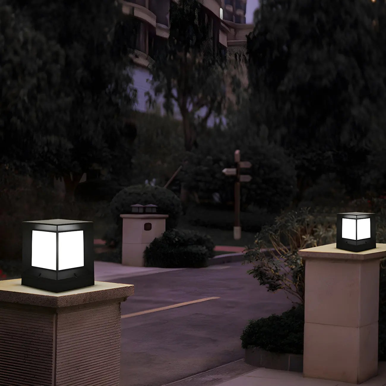 Simple Solar Black Metal Cube Outdoor Post Lights