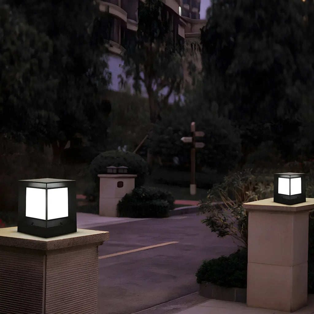 Simple Solar Black Metal Cube Outdoor Post Lights