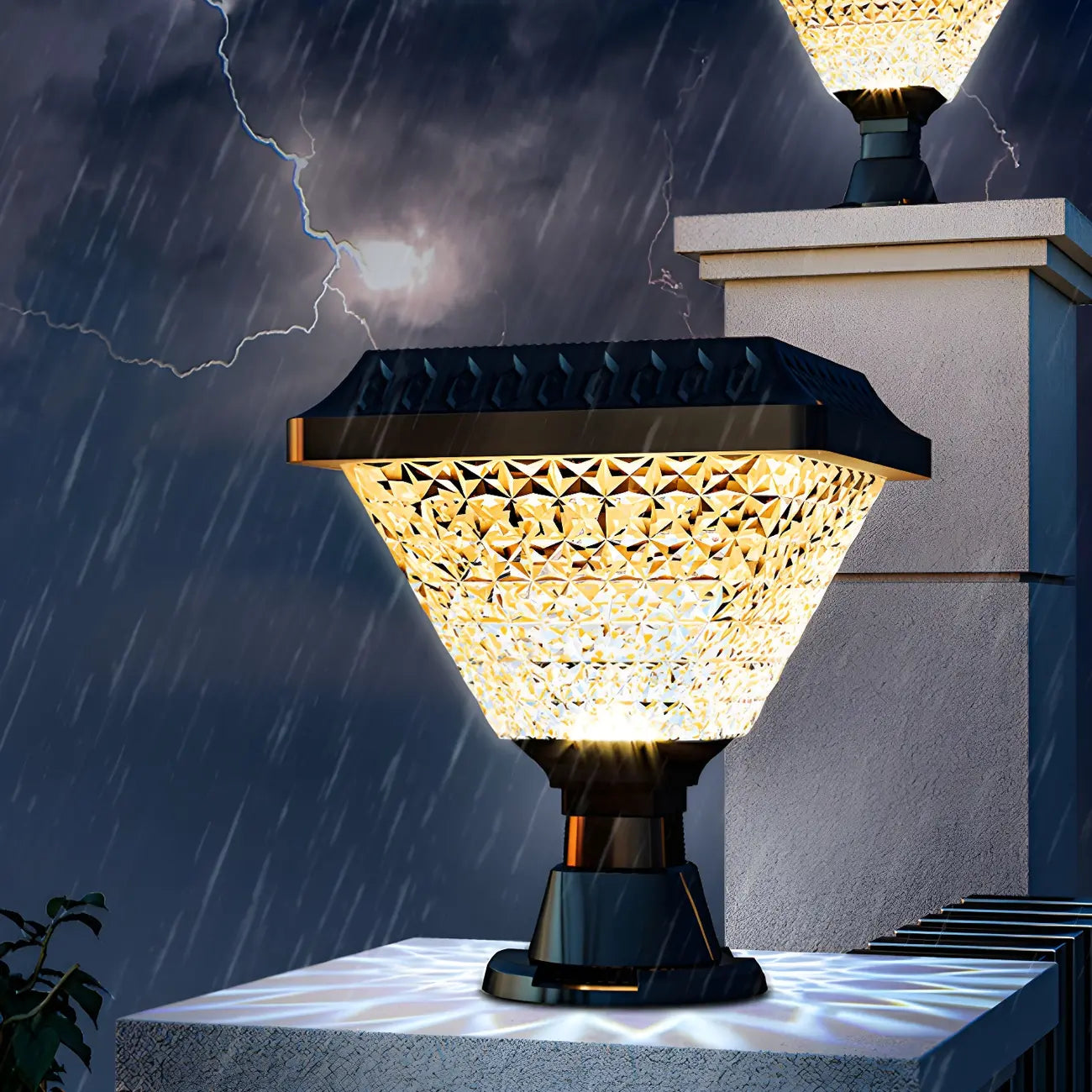 Faceted Hexagon Plastic Black Solar Outdoor Post Lights