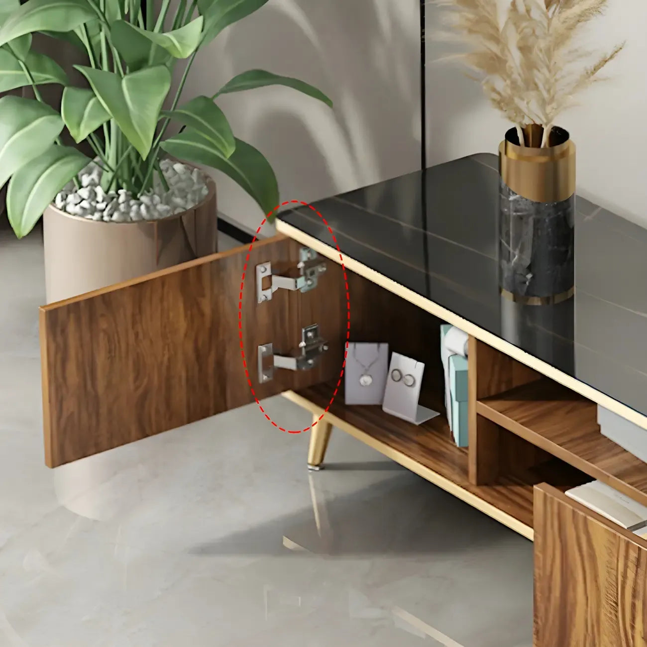 87 Glam Brown Stone Top Solid Wood Open Shelf TV Stand