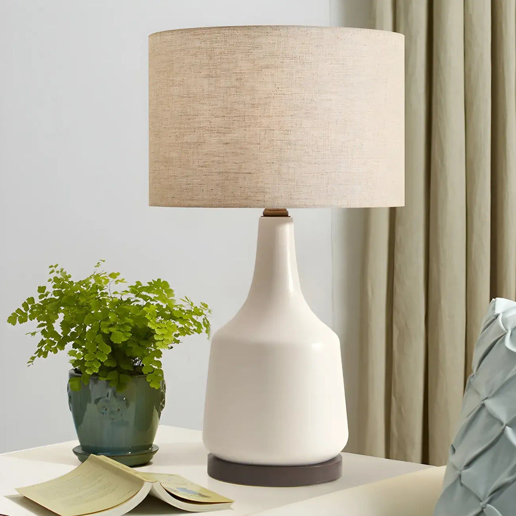 Retro Ceramic Drum-Shape LED Table Lamp with Fabric Shade