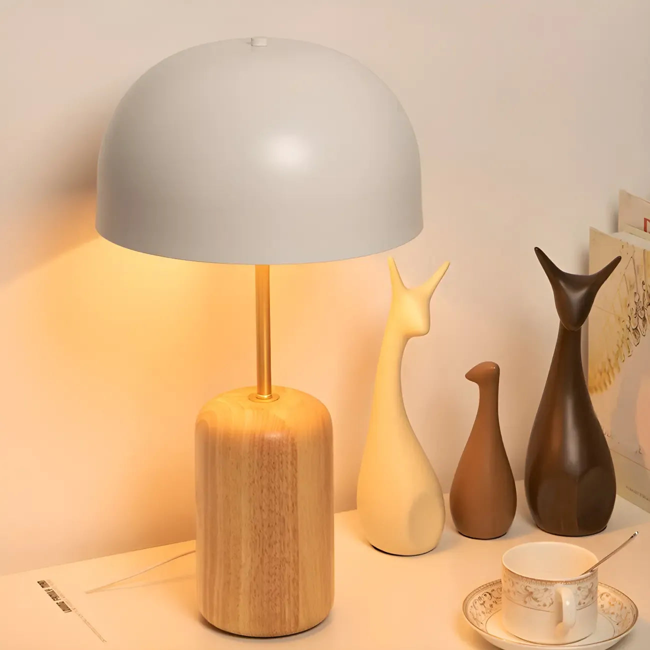 Minimalist Iron Wood Dome Shape Bedside Table Lamp