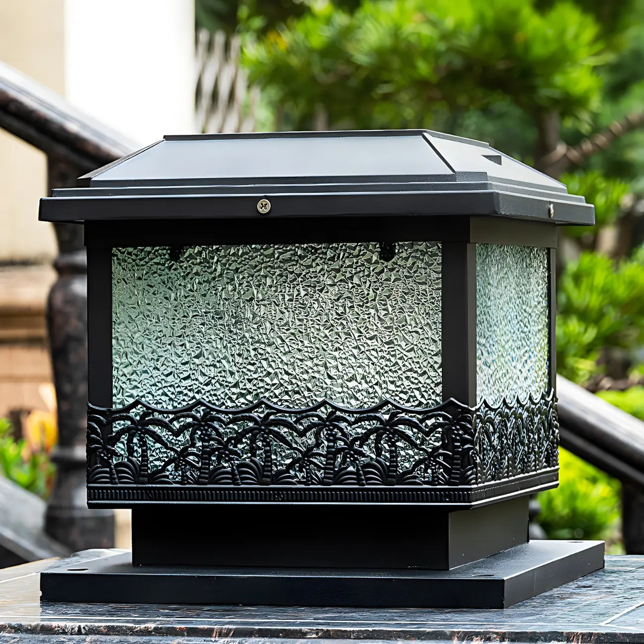Textured Black House-Shape Solar Outdoor Post Lights