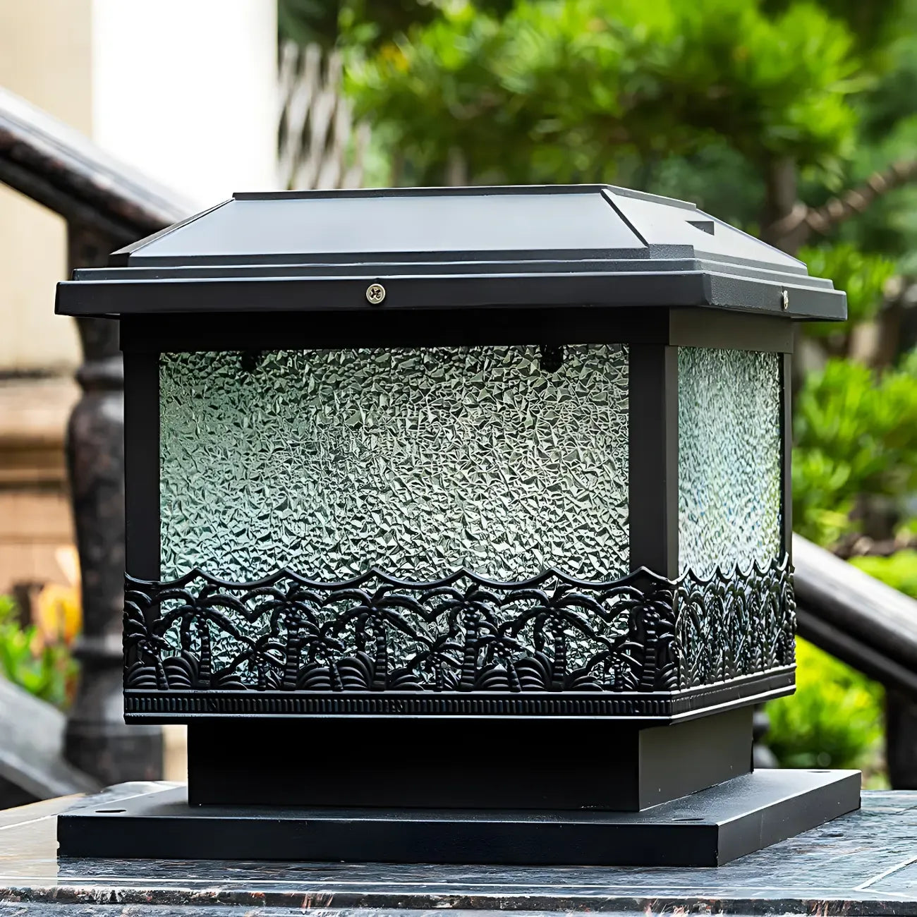 Textured Black House-Shape Solar Outdoor Post Lights